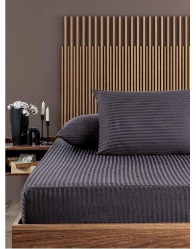 VAVEY Pamuklu Çizgili Saten Çift Kişilik Lastikli Çarşaf Takımı 180x200 Cm 2 Adet Yastık Kılıfı 50x70 Cm Antrasit