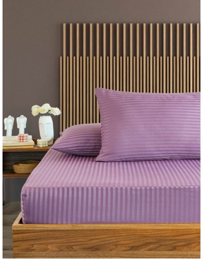 VAVEY Çizgili Saten Yatak Çarşafı Lastikli 160x200 Yastık Kılıfı 50x70 Fitted Çift Kişilik Çarşaf Seti Mor