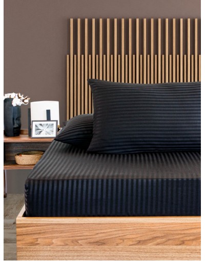 VAVEY Pamuklu Çizgili Saten Çift Kişilik Lastikli Çarşaf Takımı 180x200 Cm 2 Adet Yastık Kılıfı 50x70 Cm Siyah