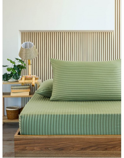 VAVEY Pamuklu Çizgili Saten Çift Kişilik Lastikli Çarşaf Takımı 180x200 Cm 2 Adet Yastık Kılıfı 50x70 Cm Yeşil