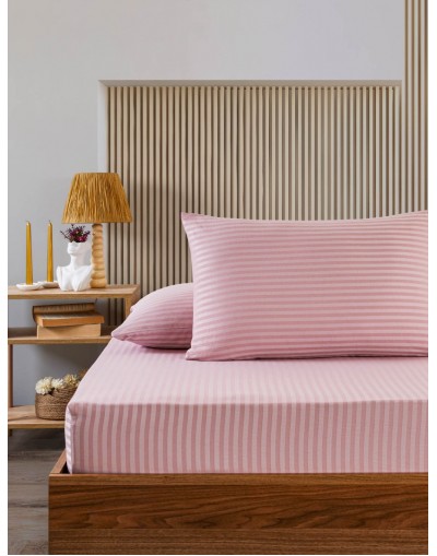 VAVEY Pamuklu Çizgili Saten Çift Kişilik Lastikli Çarşaf Takımı 180x200 Cm 2 Adet Yastık Kılıfı 50x70 Cm Pembe