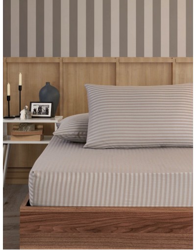 VAVEY Pamuklu Çizgili Saten Çift Kişilik Lastikli Çarşaf Takımı 180x200 Cm 2 Adet Yastık Kılıfı 50x70 Cm Taş Gri