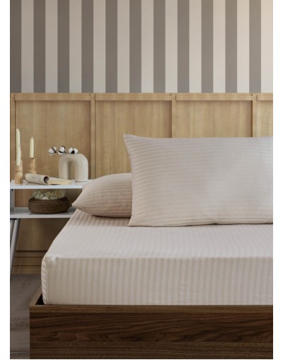VAVEY Pamuklu Çizgili Saten Tek Kişilik Lastikli Çarşaf Seti 100x200cm30 Cm 1 Adet Yastık Kılıfı 50x70 Vanilya