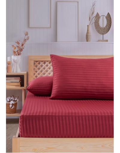 VAVEY Çizgili Saten Yatak Çarşafı Lastikli 160x200 Yastık Kılıfı 50x70 Fitted Çift Kişilik Çarşaf Seti Bordo
