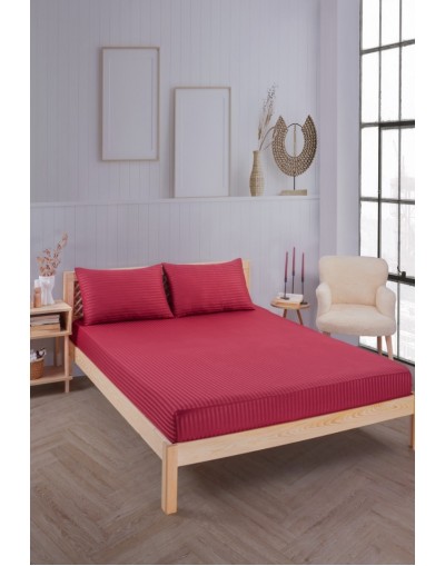 VAVEY Pamuklu Çizgili Saten Tek Kişilik Lastikli Çarşaf Seti 100x200cm30 Cm 1 Adet Yastık Kılıfı 50x70 Bordo