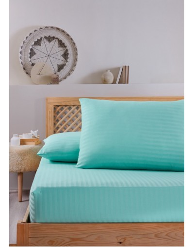 VAVEY Pamuklu Çizgili Saten Tek Kişilik Lastikli Çarşaf Seti 100x200cm30 Cm 1 Adet Yastık Kılıfı 50x70 Mint Yeşili