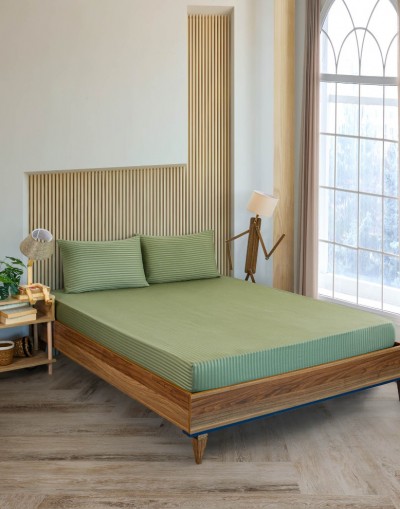 VAVEY Çizgili Pamuk Saten 1 Adet 100x200 Tek Kişilik Lastikli Yatak Çarşafı Ve Yastık Kılıfı 50x70 Yeşil