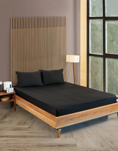 VAVEY Çizgili Pamuk Saten 100x200 30 Tek Kişilik Lastikli Yatak Çarşafı Ve Yastık Kılıfı 50x70 Siyah