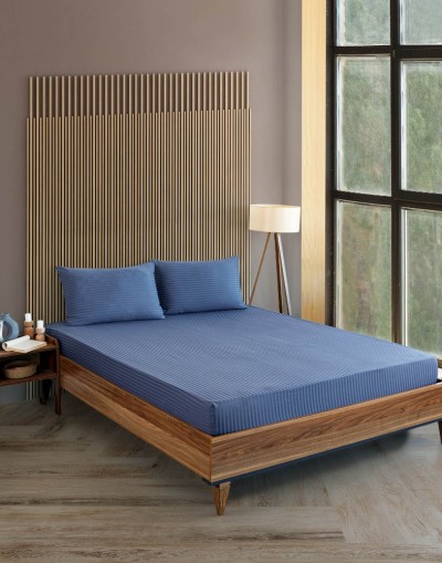 VAVEY Çizgili Saten Yatak Çarşafı Lastikli 100x200 Yastık Kılıfı 50x70 Fitted Tek Kişilik Çarşaf Seti Beyaz Mavi