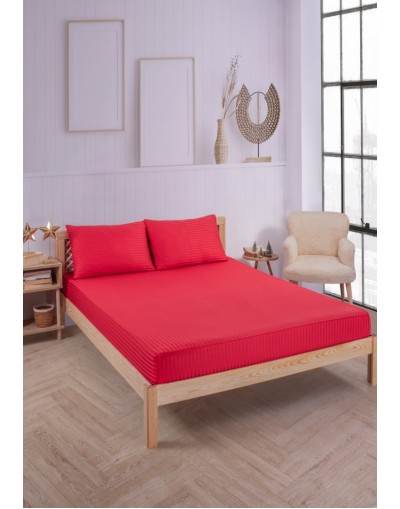 VAVEY Çizgili Saten Yatak Çarşafı Lastikli 160x200 Yastık Kılıfı 50x70 Fitted Çift Kişilik Çarşaf Seti Kırmızı