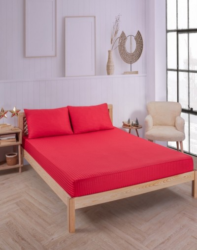 VAVEY Çizgili Saten Yatak Çarşafı Lastikli 160x200 Yastık Kılıfı 50x70 Fitted Çift Kişilik Çarşaf Seti Kırmızı
