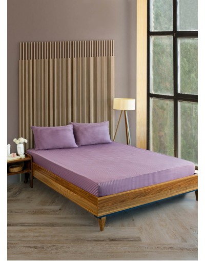 VAVEY Çizgili Saten Yatak Çarşafı Lastikli 160x200 Yastık Kılıfı 50x70 Fitted Çift Kişilik Çarşaf Seti Mor