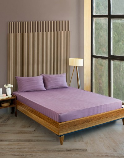 VAVEY Çizgili Saten Yatak Çarşafı Lastikli 160x200 Yastık Kılıfı 50x70 Fitted Çift Kişilik Çarşaf Seti Mor