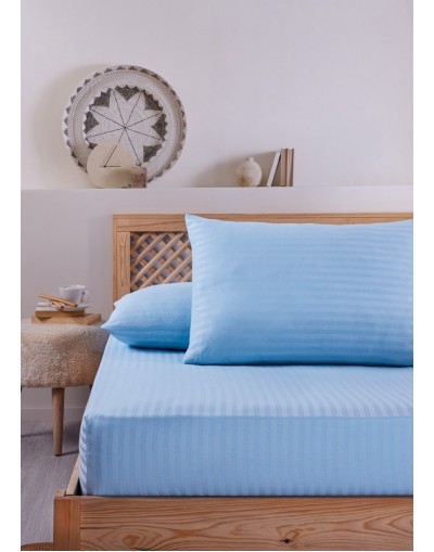 VAVEY Çizgili Saten Yatak Çarşafı Lastikli 160x200 Yastık Kılıfı 50x70 Fitted Çift Kişilik Çarşaf Seti Açık Mavi