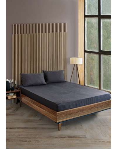 VAVEY Pamuklu Çizgili Saten Çift Kişilik Lastikli Çarşaf Takımı 180x200 Cm 2 Adet Yastık Kılıfı 50x70 Cm Antrasit