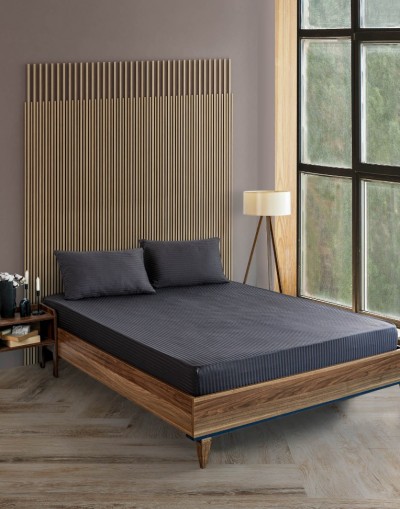 VAVEY Pamuklu Çizgili Saten Çift Kişilik Lastikli Çarşaf Takımı 180x200 Cm 2 Adet Yastık Kılıfı 50x70 Cm Antrasit