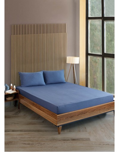 VAVEY Pamuklu Çizgili Saten Çift Kişilik Lastikli Çarşaf Takımı 180x200 Cm 2 Adet Yastık Kılıfı 50x70 Cm Mavi