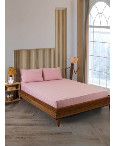 VAVEY Pamuklu Çizgili Saten Çift Kişilik Lastikli Çarşaf Takımı 180x200 Cm 2 Adet Yastık Kılıfı 50x70 Cm Pembe