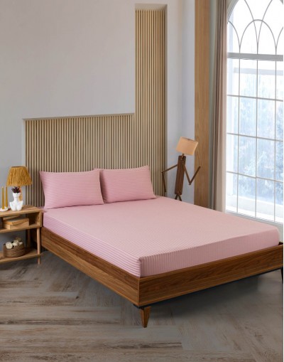 VAVEY Pamuklu Çizgili Saten Çift Kişilik Lastikli Çarşaf Takımı 180x200 Cm 2 Adet Yastık Kılıfı 50x70 Cm Pembe