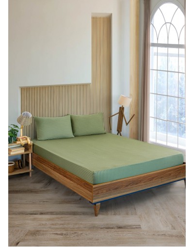 VAVEY Pamuklu Çizgili Saten Çift Kişilik Lastikli Çarşaf Takımı 180x200 Cm 2 Adet Yastık Kılıfı 50x70 Cm Yeşil