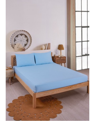 VAVEY Pamuklu Çizgili Saten Tek Kişilik Lastikli Çarşaf Seti 100x200cm30 Cm 1 Adet Yastık Kılıfı 50x70 Açık Mavi