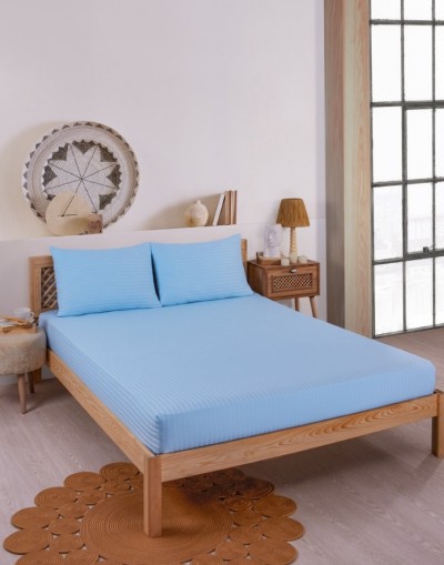 VAVEY Pamuklu Çizgili Saten Tek Kişilik Lastikli Çarşaf Seti 100x200cm30 Cm 1 Adet Yastık Kılıfı 50x70 Açık Mavi