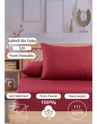 VAVEY Pamuklu Çizgili Saten Tek Kişilik Lastikli Çarşaf Seti 100x200cm30 Cm 1 Adet Yastık Kılıfı 50x70 Bordo