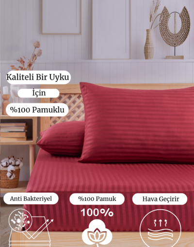 VAVEY Pamuklu Çizgili Saten Tek Kişilik Lastikli Çarşaf Seti 100x200cm30 Cm 1 Adet Yastık Kılıfı 50x70 Bordo