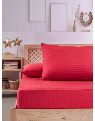 VAVEY Pamuklu Çizgili Saten Tek Kişilik Lastikli Çarşaf Seti 100x200cm30 Cm 1 Adet Yastık Kılıfı 50x70 Kırmızı
