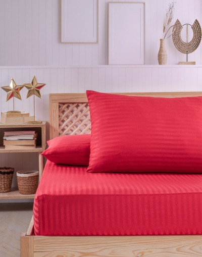 VAVEY Pamuklu Çizgili Saten Tek Kişilik Lastikli Çarşaf Seti 100x200cm30 Cm 1 Adet Yastık Kılıfı 50x70 Kırmızı