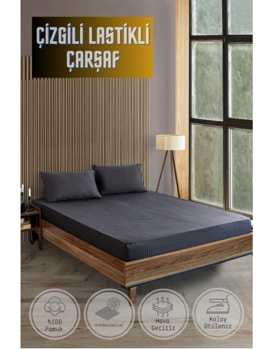 VAVEY Pamuklu Çizgili Saten Tek Kişilik Lastikli Çarşaf Seti 100x200cm30 Cm 1 Adet Yastık Kılıfı 50x70 Koyu Gri Antrasit