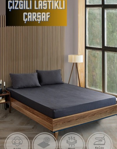 VAVEY Pamuklu Çizgili Saten Tek Kişilik Lastikli Çarşaf Seti 100x200cm30 Cm 1 Adet Yastık Kılıfı 50x70 Koyu Gri Antrasit