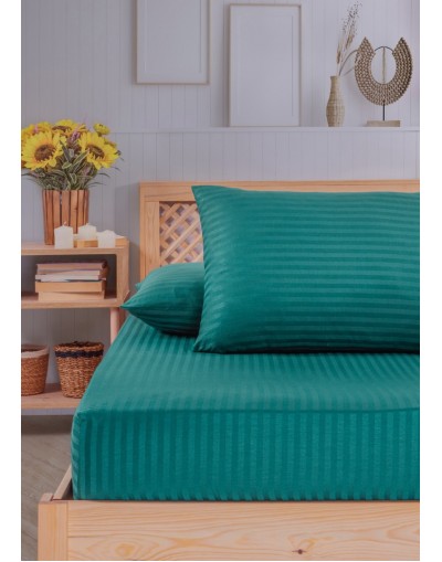 VAVEY Pamuklu Çizgili Saten Tek Kişilik Lastikli Çarşaf Seti 100x200cm30 Cm 1 Adet Yastık Kılıfı 50x70 Koyu Yeşil