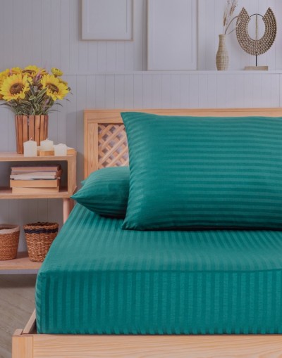 VAVEY Pamuklu Çizgili Saten Tek Kişilik Lastikli Çarşaf Seti 100x200cm30 Cm 1 Adet Yastık Kılıfı 50x70 Koyu Yeşil