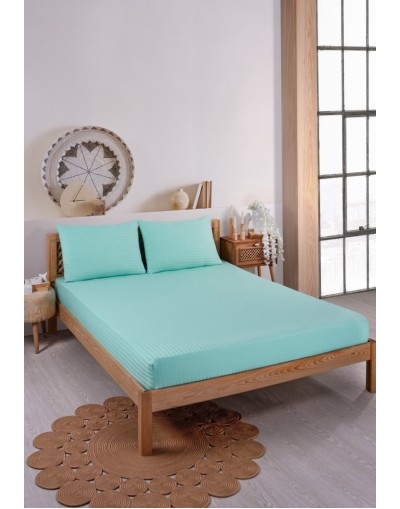 VAVEY Pamuklu Çizgili Saten Tek Kişilik Lastikli Çarşaf Seti 100x200cm30 Cm 1 Adet Yastık Kılıfı 50x70 Mint Yeşili
