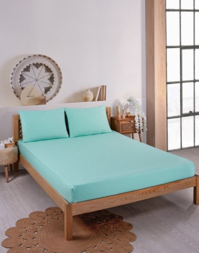 VAVEY Pamuklu Çizgili Saten Tek Kişilik Lastikli Çarşaf Seti 100x200cm30 Cm 1 Adet Yastık Kılıfı 50x70 Mint Yeşili
