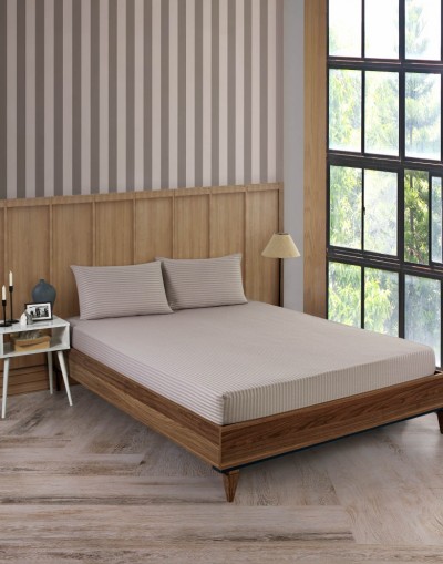 VAVEY Pamuklu Çizgili Saten Tek Kişilik Lastikli Çarşaf Seti 100x200cm30 Cm 1 Adet Yastık Kılıfı 50x70 Taş Gri