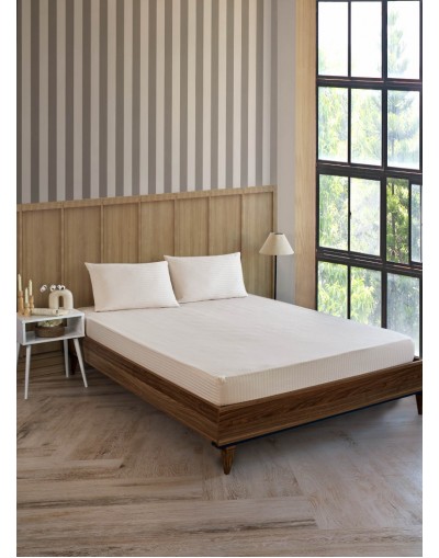 VAVEY Pamuklu Çizgili Saten Tek Kişilik Lastikli Çarşaf Seti 100x200cm30 Cm 1 Adet Yastık Kılıfı 50x70 Vanilya