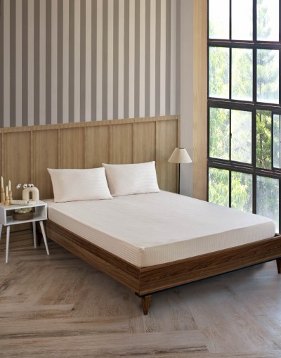 VAVEY Pamuklu Çizgili Saten Tek Kişilik Lastikli Çarşaf Seti 100x200cm30 Cm 1 Adet Yastık Kılıfı 50x70 Vanilya