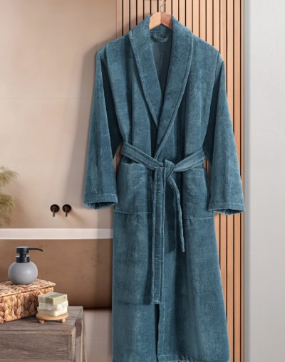 VAVEY Pamuklu Kadife Şal Yaka Unisex Bornoz Petrol Yeşili ( XL ) Bedeni