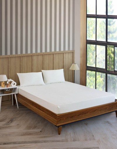 VAVEY Pamuklu Çizgili Saten Çift Kişilik Lastikli Çarşaf Seti 160x200 Cm 2 Adet Yastık Kılıfı 50x70 Cm Krem
