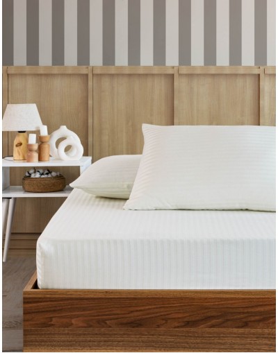 VAVEY Pamuklu Çizgili Saten Çift Kişilik Lastikli Çarşaf Seti 160x200 Cm 2 Adet Yastık Kılıfı 50x70 Cm Krem