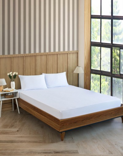 VAVEY Pamuklu Çizgili Saten Çift Kişilik Lastikli Çarşaf Takımı 180x200 Cm 2 Adet Yastık Kılıfı 50x70 Cm Beyaz