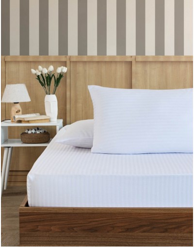 VAVEY Pamuklu Çizgili Saten Çift Kişilik Lastikli Çarşaf Seti 160x200 Cm 2 Adet Yastık Kılıfı 50x70 Cm Beyaz
