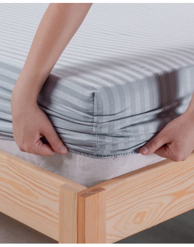 VAVEY Pamuklu Çizgili Saten Çift Kişilik Lastikli Çarşaf Seti 160x200 Cm 2 Adet Yastık Kılıfı 50x70 Cm Gri