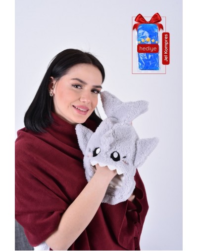 VAVEY Shark Desenli Gri Su Torbası Kılıfı Yumuşak, Rahatlatıcı ve Isı Terapisi (Termojel Hediyeli)