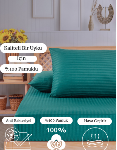 VAVEY Pamuklu Çizgili Saten Çift Kişilik Lastikli Çarşaf Seti 160x200 Cm 2 Adet Yastık Kılıfı 50x70 Cm Petrol Yeşil