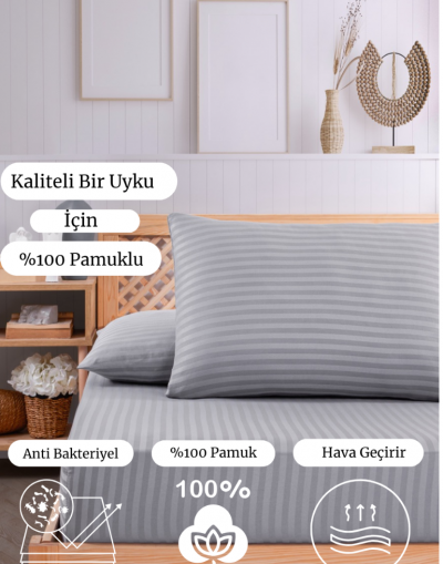 VAVEY Pamuklu Çizgili Saten Çift Kişilik Lastikli Çarşaf Takımı 180x200 Cm 2 Adet Yastık Kılıfı 50x70 Cm Gri