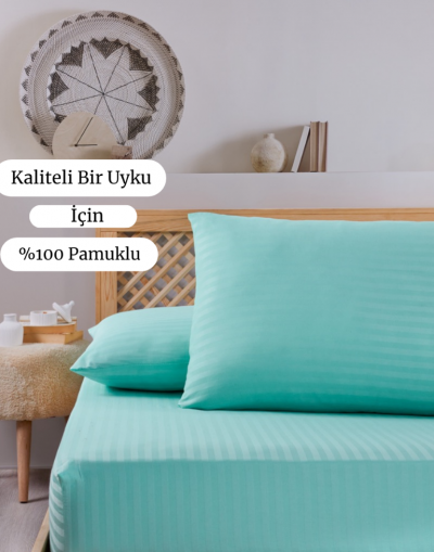 VAVEY Pamuklu Çizgili Saten Çift Kişilik Lastikli Çarşaf Seti 160x200 Cm 2 Adet Yastık Kılıfı 50x70 Cm Mint Yeşil