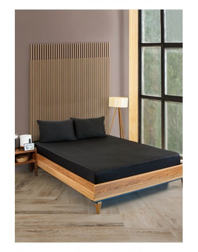 VAVEY Çizgili Pamuk Saten 160x200 30 Lastikli Yatak Çarşafı Ve 2 Adet Yastık Kılıfı 50x70 Çift Kişilik Siyah